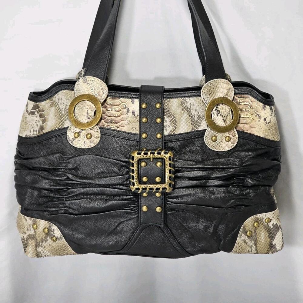 Babee D Embosed Leather Shoulder Bag Buckled Studded Purse